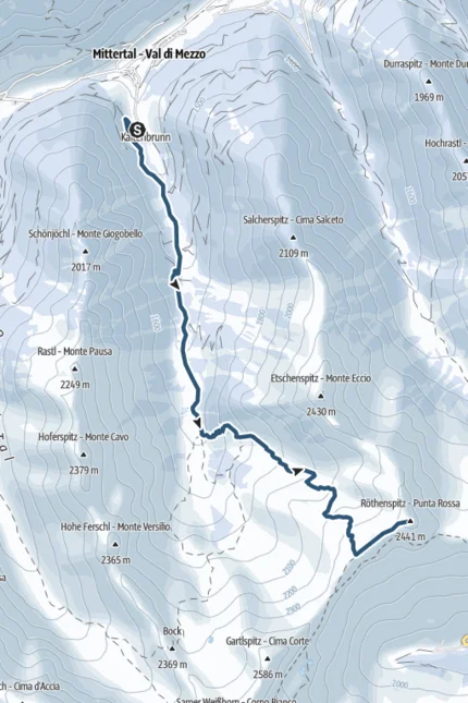 Mittertal - Röthenspitze (2.441 m) Topografische Karte mit Wanderroute im Gebirge bei Mittertal - Val di Mezzo