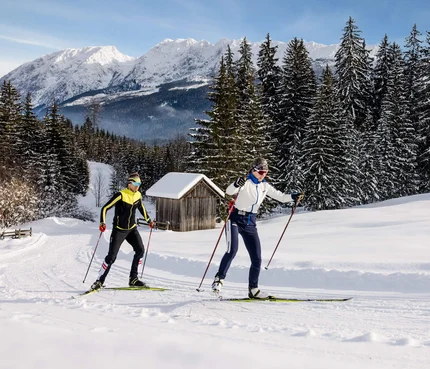 Zwei Langläufer in Winterlandschaft mit schneebedeckten Bäumen und Bergen