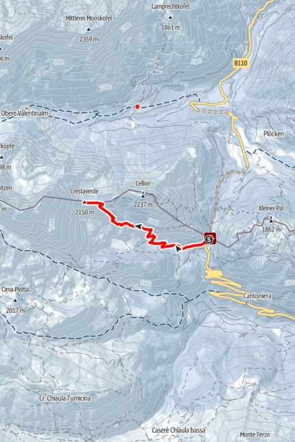 Map showing hiking trail from Cellon to Crestaverde in the mountains