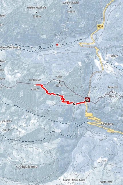 Karte mit Wanderweg von Cellon zum Crestaverde in den Bergen
