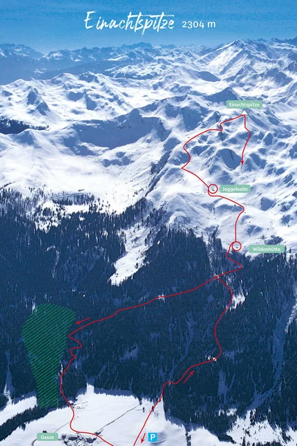 Aerial view of snowy mountains with hiking trail to Einachtspitze 2304 m