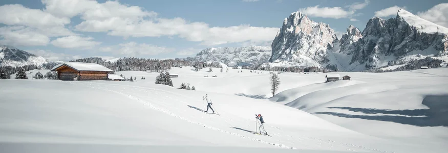 Zwei Skifahrer in verschneiter Berglandschaft mit Hütten und Gipfeln
