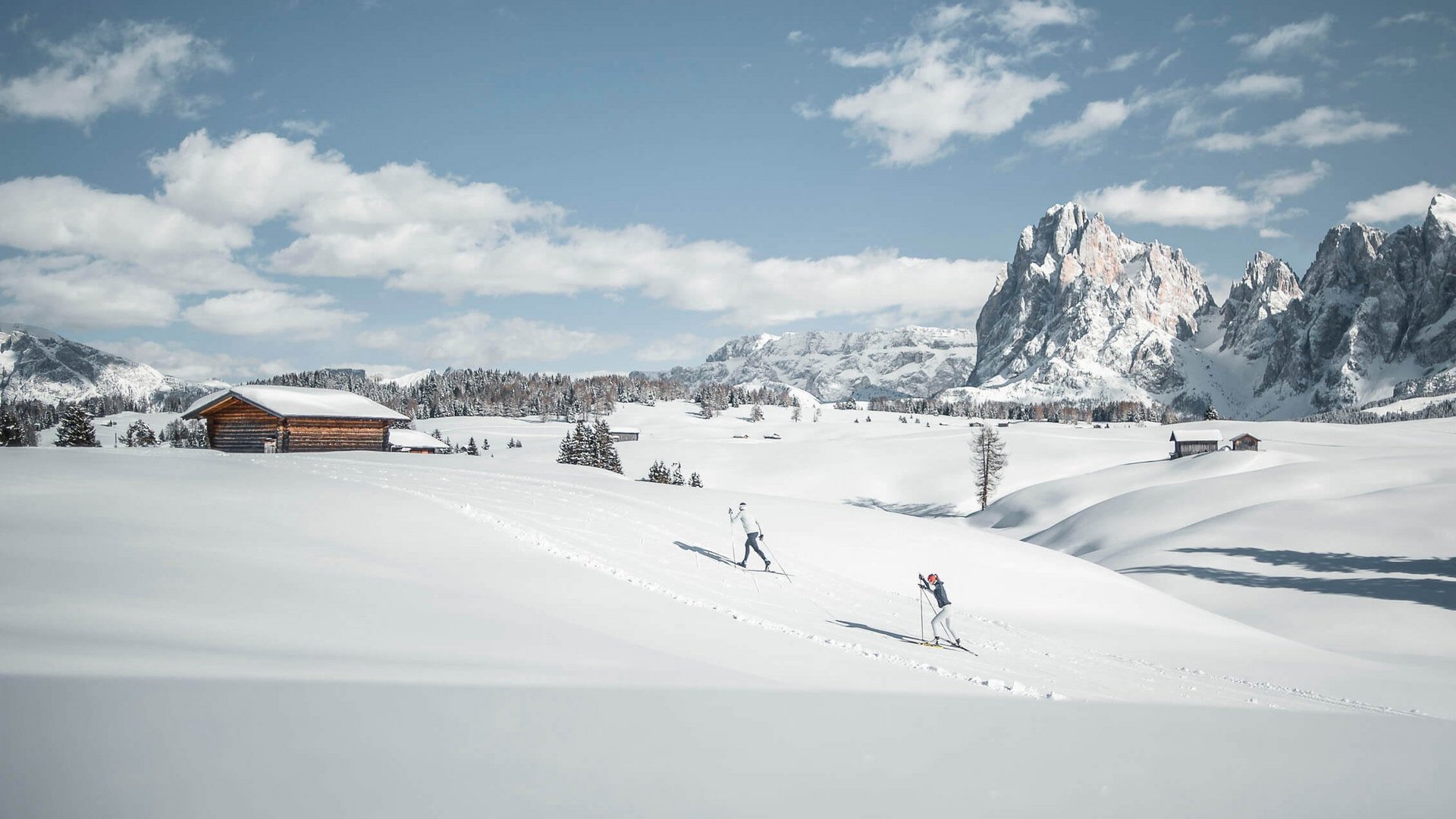Two skiers in snowy mountain landscape with cabins and peaks