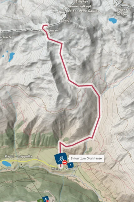 Karte der Skitour zum Glockhauser in den Alpen mit Höhenlinien und Wanderweg