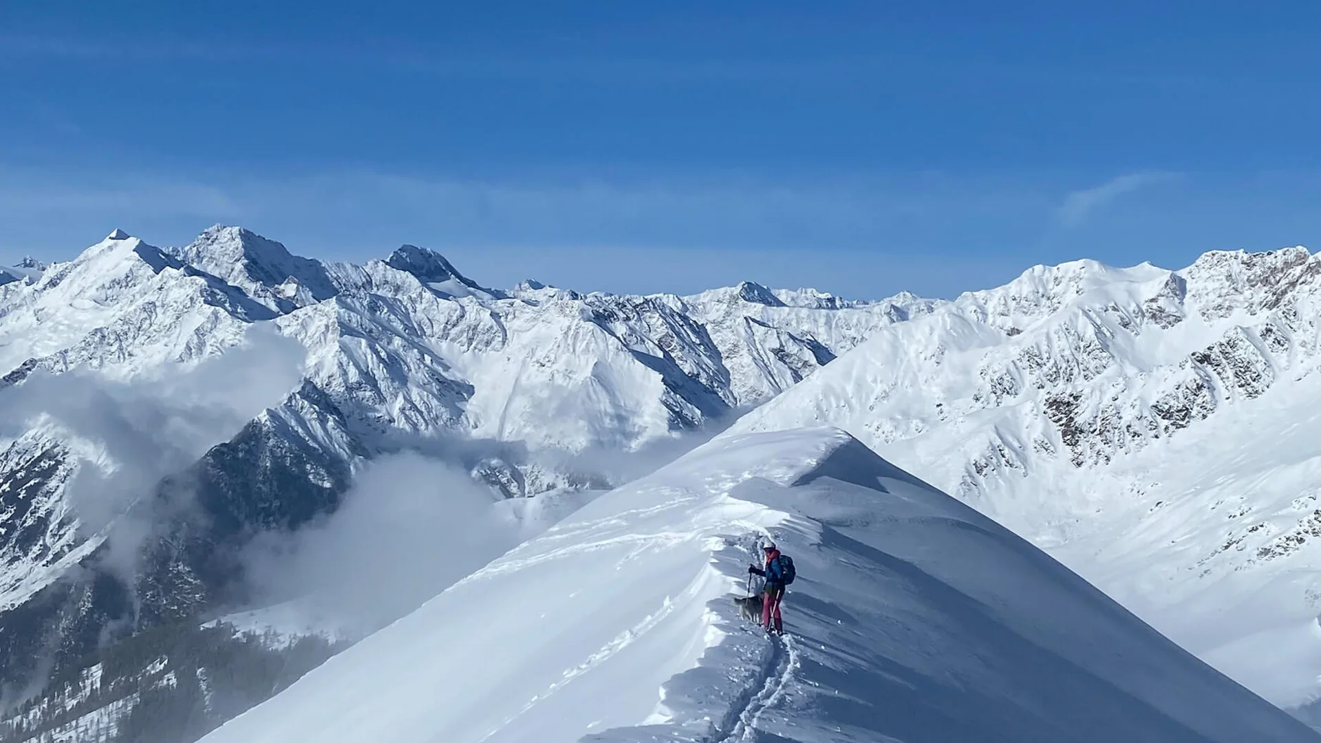 Skifahrer wandert auf schneebedecktem Bergkamm mit Alpen im Hintergrund