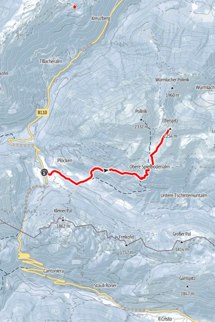 Wanderkarte der Route von Plöcken zur Eiferspitze mit Höhenangaben und Gelände