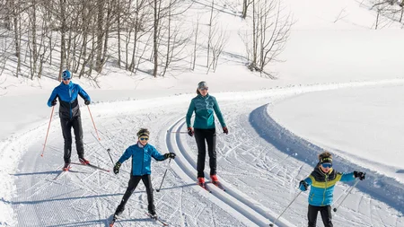Familie beim Langlauf auf verschneiter Loipe im sonnigen Winterwald