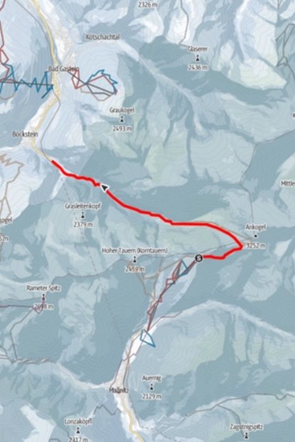 Map of mountain area with highlighted red hiking trail