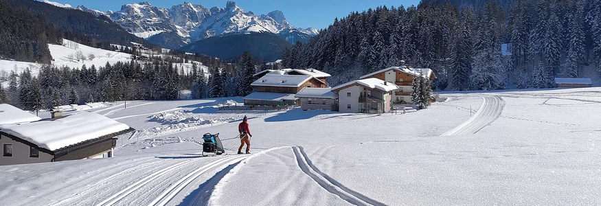 Skilangläufer zieht Schlitten im verschneiten Bergdorf bei klarem Himmel