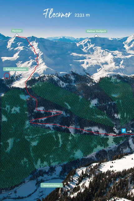 Fleckner (2.331 m) © Ratschings Tourismus Verschneite Berglandschaft mit markiertem Wanderweg zum Fleckner Gipfel 2331 m