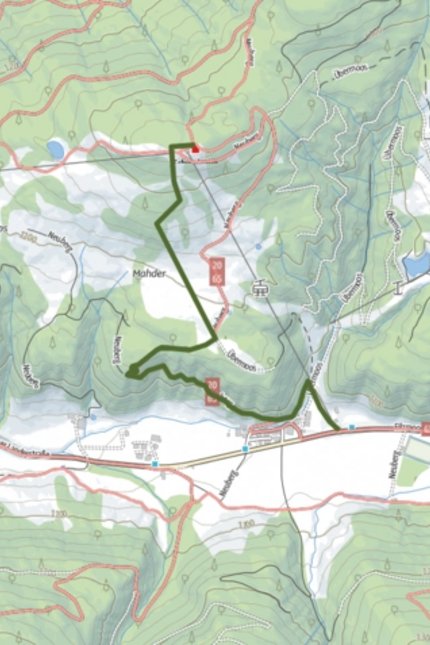 Topographic hiking map with marked trail near Übermoos