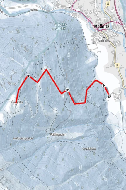 Wanderkarte mit Route von Mallnitz zur Häuseralm im Nationalpark Hohe Tauern