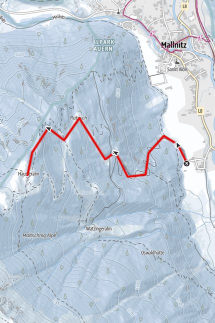 Hiking map showing route from Mallnitz to Häuseralm in Hohe Tauern National Park