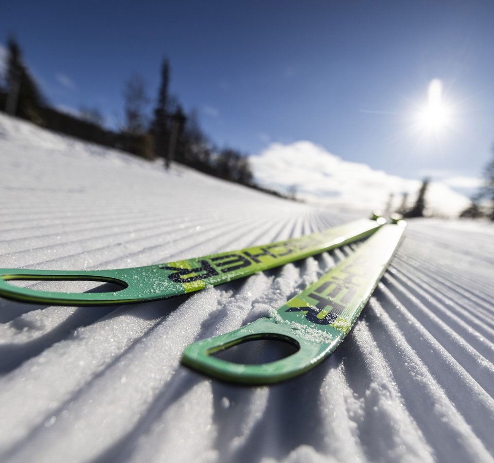 Grüne Skier liegen auf frisch präparierter Loipe im Sonnenschein