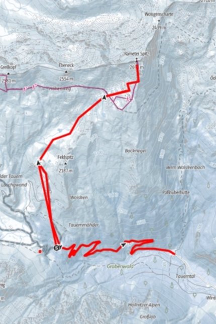 Map of a mountain hiking route in Hohe Tauern National Park with elevation details
