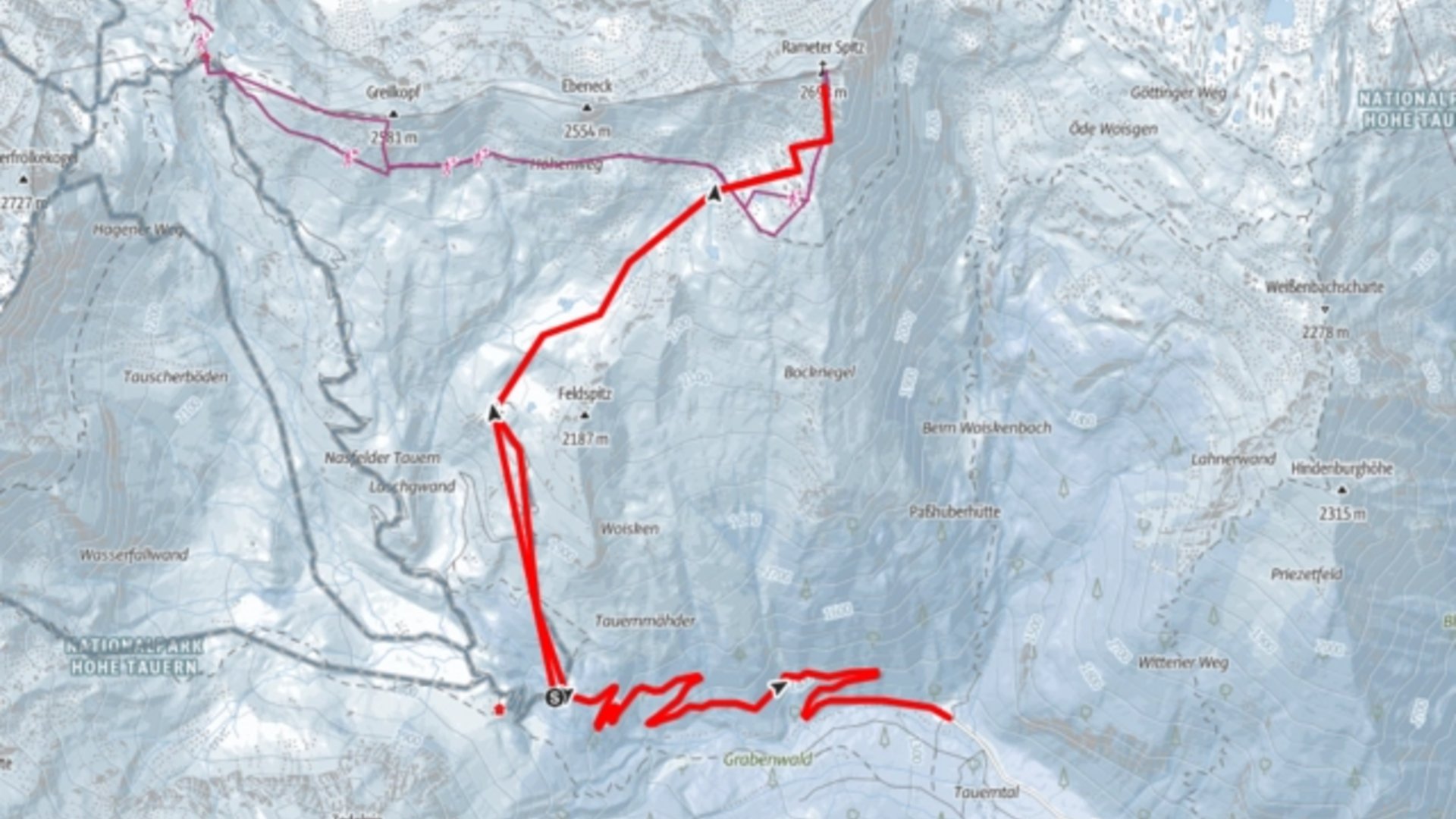 Karte einer Bergwanderroute im Nationalpark Hohe Tauern mit Höhenangaben