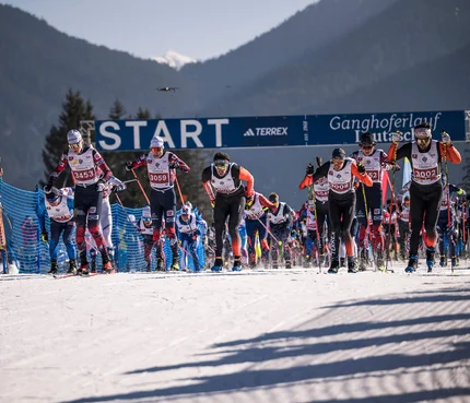 Langläufer starten ein Rennen bei Ganghoferlauf Leutasch im Schnee