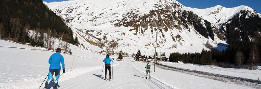 Drei Langläufer fahren auf verschneiter Loipe in den Bergen bei klarem Himmel