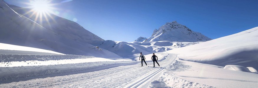 Two skiers on a sunny snow-covered mountain trail