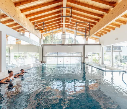 Two people relaxing in indoor pool with wooden ceiling and large windows