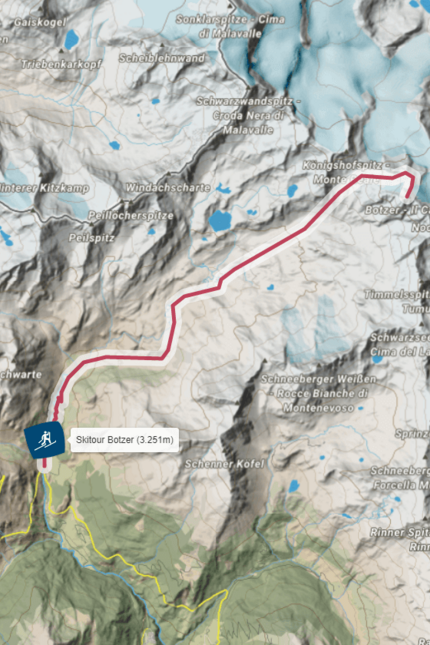 Karte und Skitour-Route zum Botzer Gipfel in den Alpen