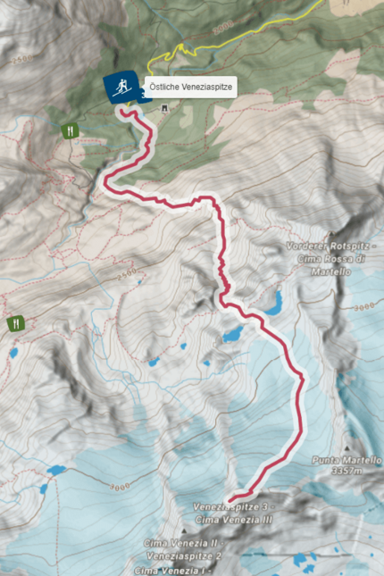 Wanderkarte mit Route zur Östlichen Veneziaspitze in den Alpen