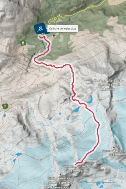 Wanderkarte mit Route zur Östlichen Veneziaspitze in den Alpen