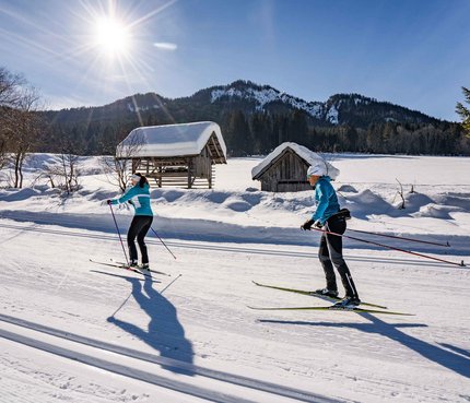 Two cross-country skiers on snowy trail in sunny winter landscape