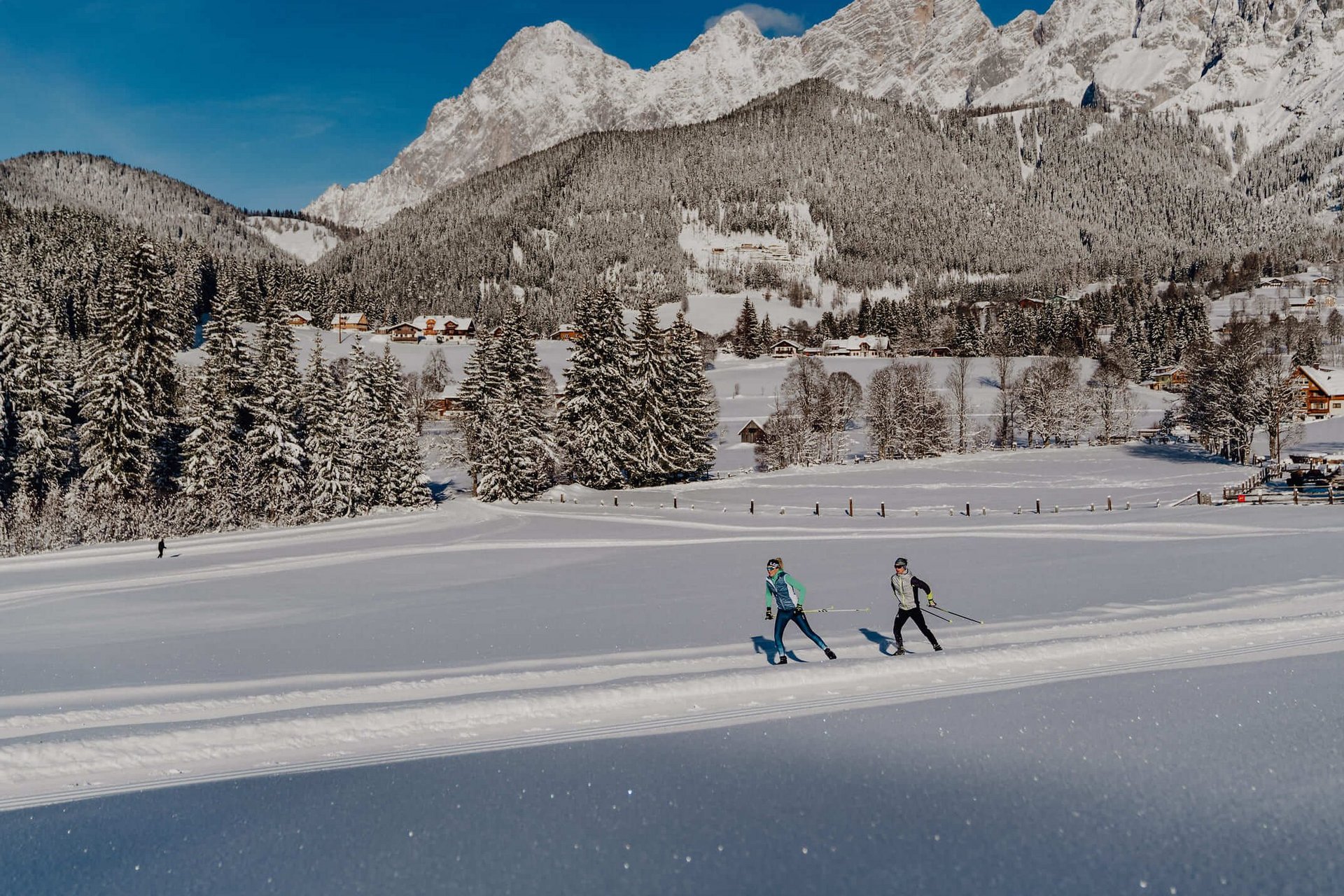 Skifahrer auf verschneiter Loipe vor Bergkulisse und Wald
