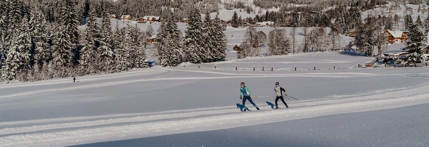 Skifahrer auf verschneiter Loipe vor Bergkulisse und Wald
