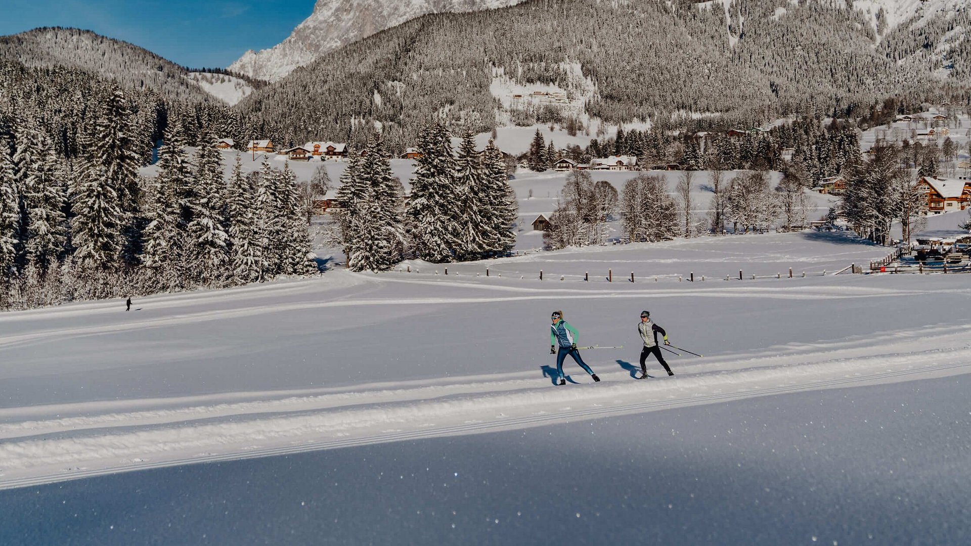 Skifahrer auf verschneiter Loipe vor Bergkulisse und Wald