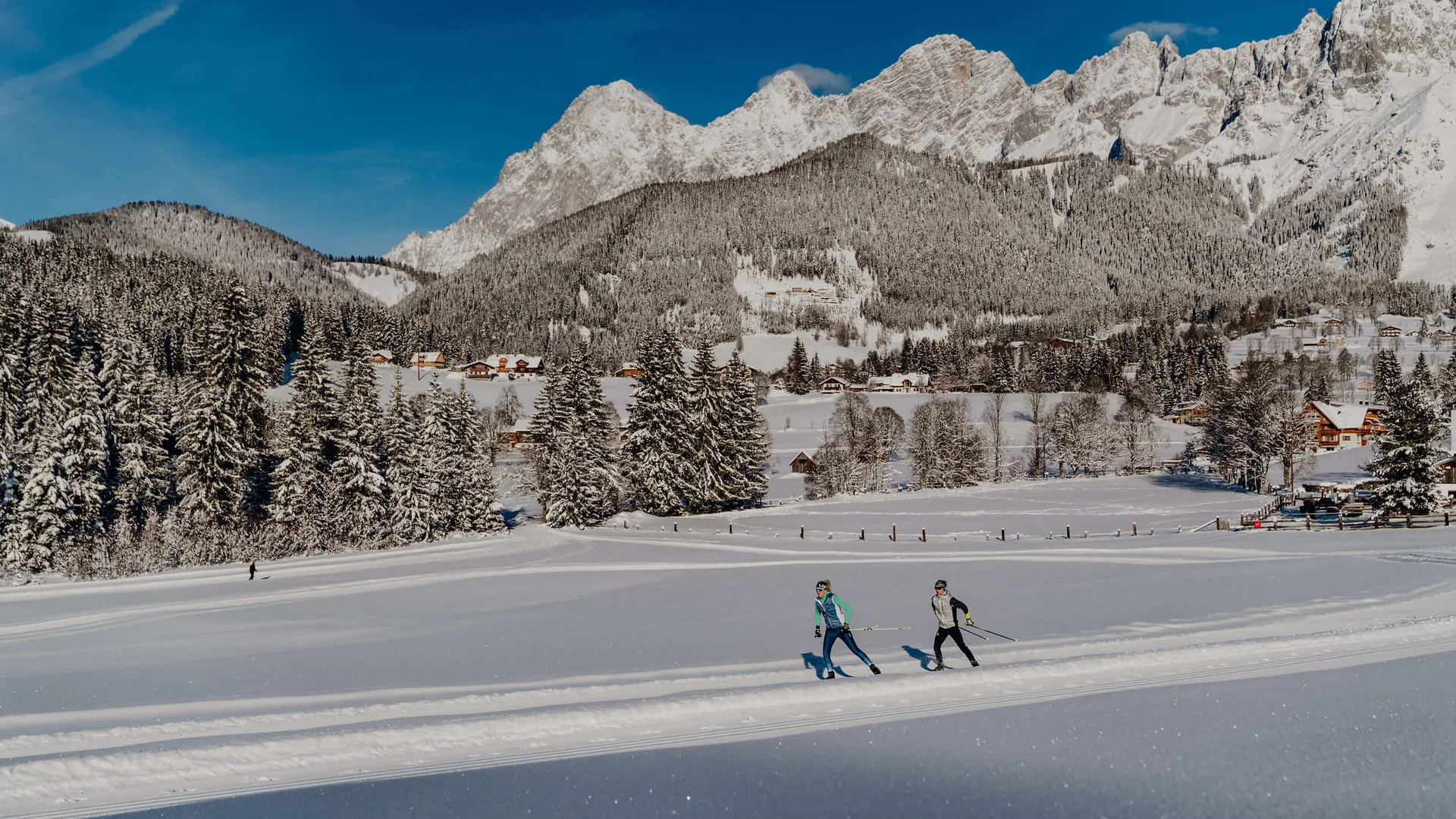Skifahrer auf verschneiter Loipe vor Bergkulisse und Wald