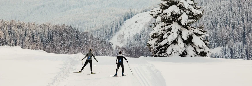 Zwei Skifahrer fahren durch verschneite Landschaft mit Bergen und Bäumen