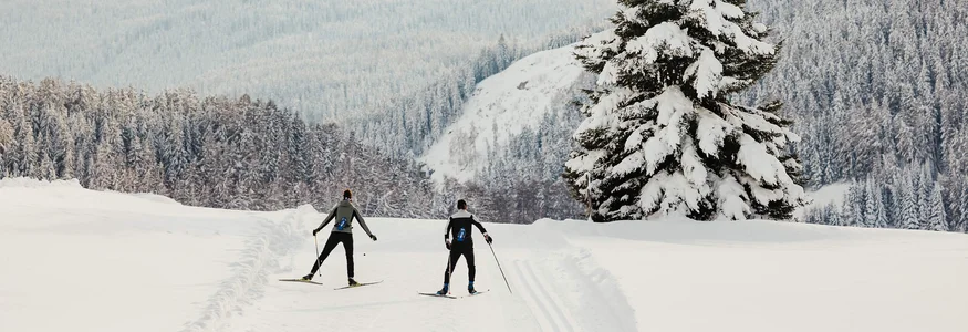 Zwei Skifahrer fahren durch verschneite Landschaft mit Bergen und Bäumen