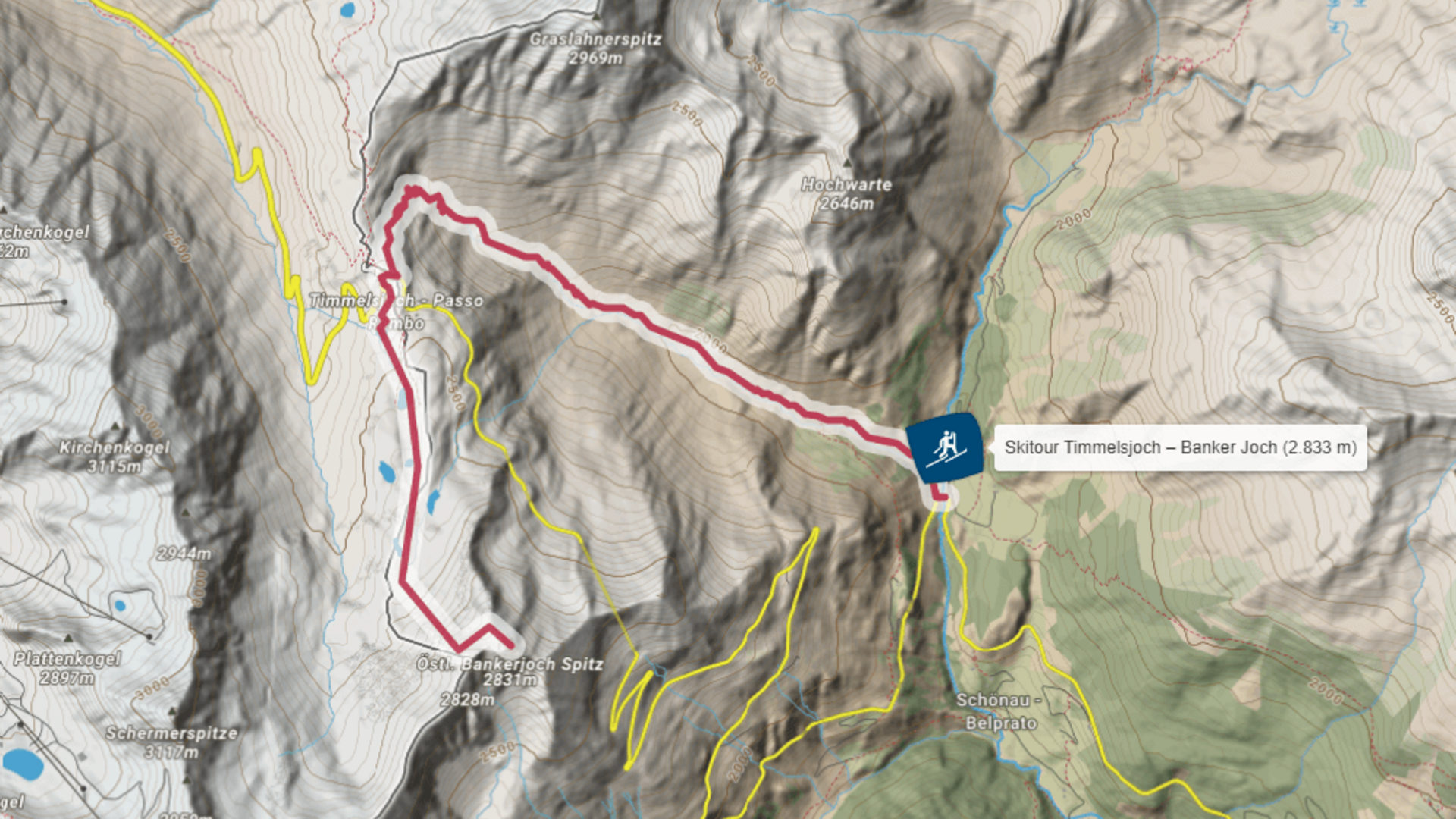 Kartenansicht der Skitour von Timmelsjoch zum Banker Joch mit Höhenangaben