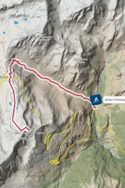 Kartenansicht der Skitour von Timmelsjoch zum Banker Joch mit Höhenangaben