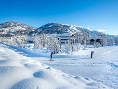 Two skiers on snowy trail with mountains and houses in background