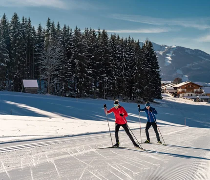 Zwei Langläufer auf verschneiter Loipe vor Wald und Bergen