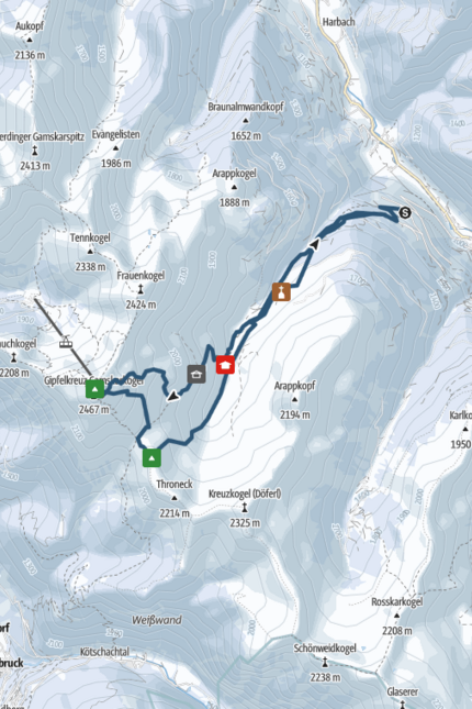 Topografische Karte mit Wanderrouten und Berggipfeln in den Alpen