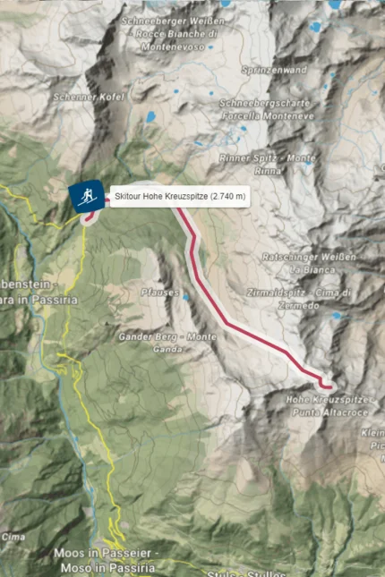 Karte mit Skitour zur Hohe Kreuzspitze (2.740 m) in den Alpen