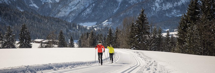 Zwei Langläufer auf verschneiter Spur vor Bergpanorama im Winter