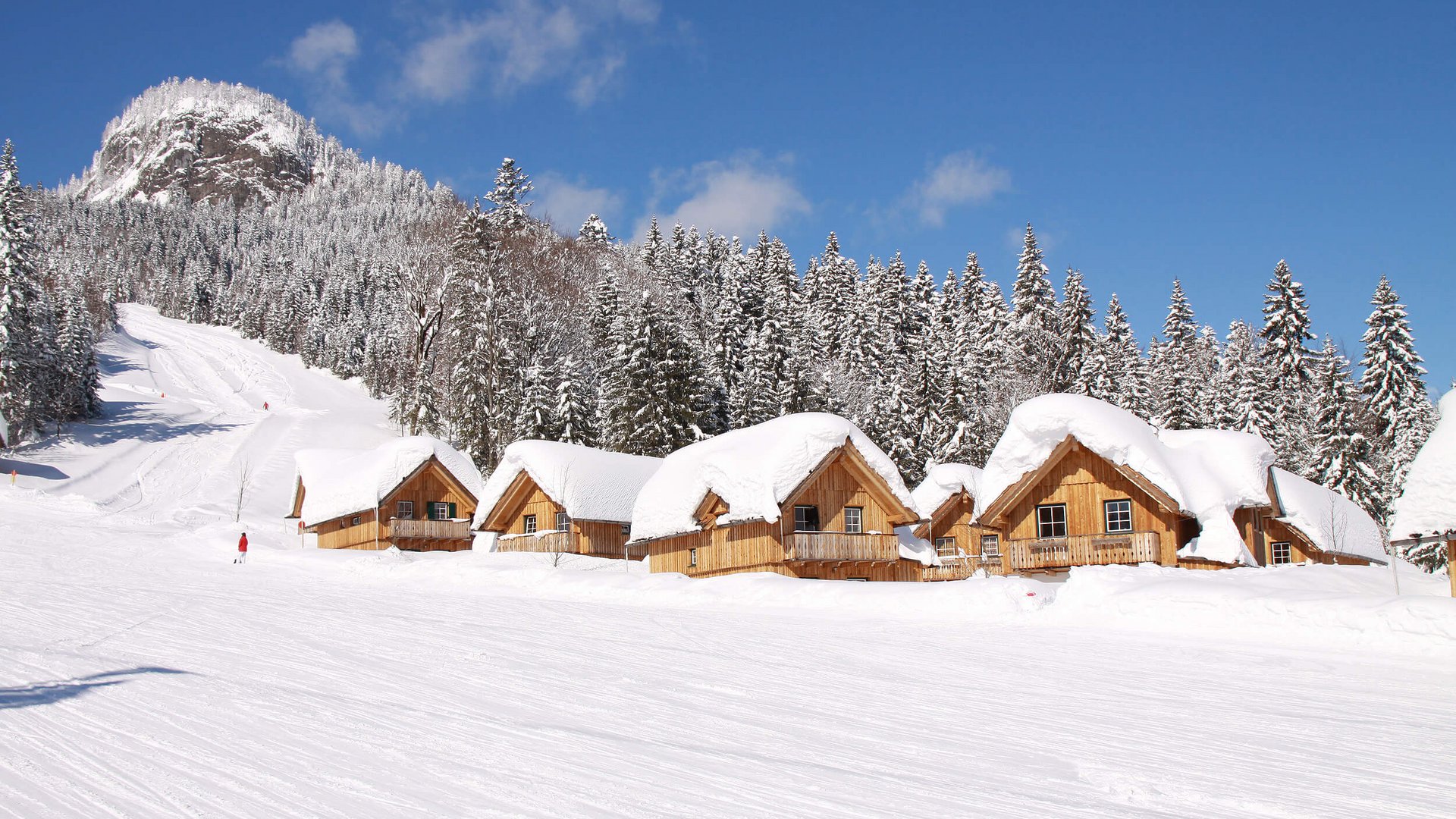 Wooden cabins with snow-covered roofs by snowy forest under blue sky