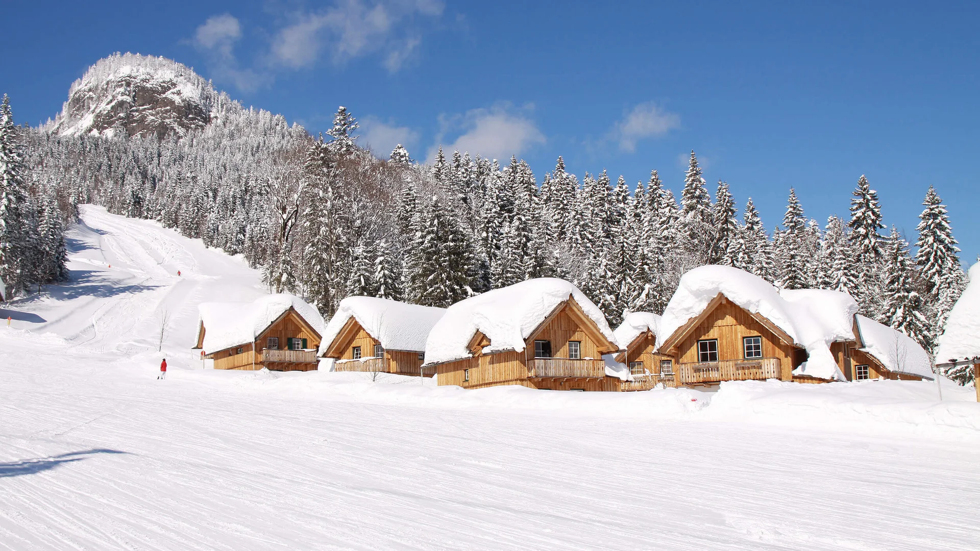 Wooden cabins with snow-covered roofs by snowy forest under blue sky