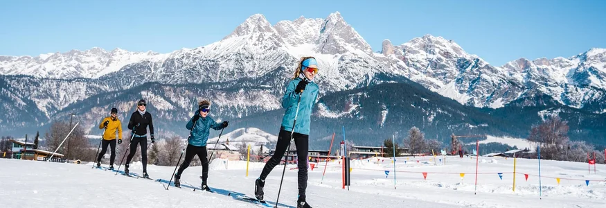 Gruppe beim Langlaufen vor schneebedeckten Bergen unter blauem Himmel