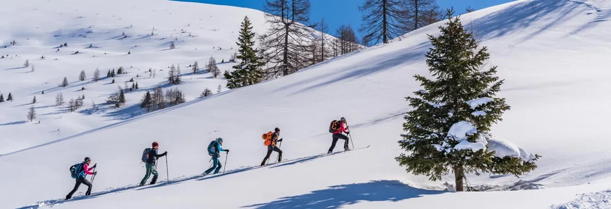 Bauerndörfl Rindereben © TVB Großarltal / Peter Maier Five people hiking uphill on snowy mountain with clear blue sky