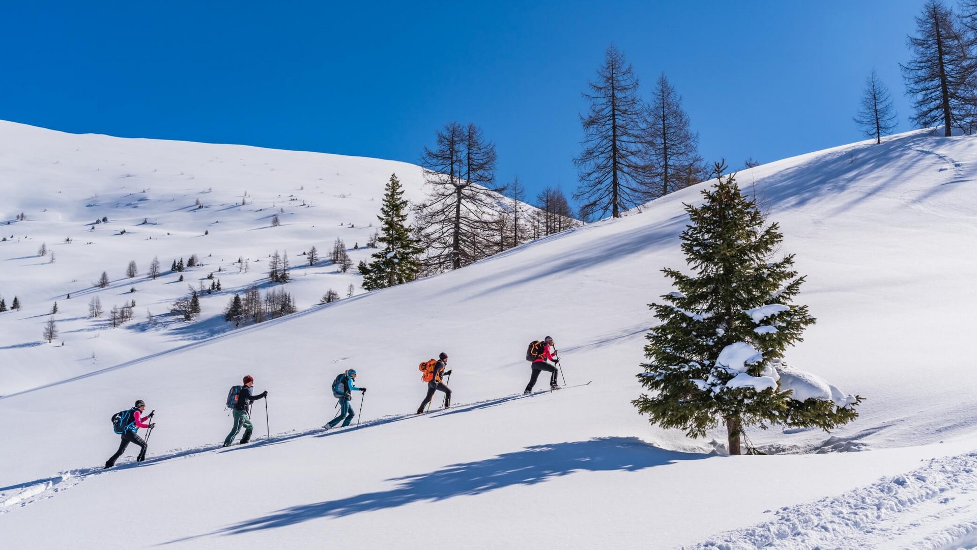 Fünf Menschen beim Aufstieg im Tiefschnee auf verschneitem Berg unter blauem Himmel