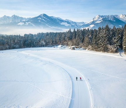 Two cross-country skiers on snowy trail with mountains and forest background
