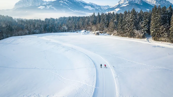 Zwei Skifahrer auf verschneiter Loipe vor verschneiten Bergen und Wald
