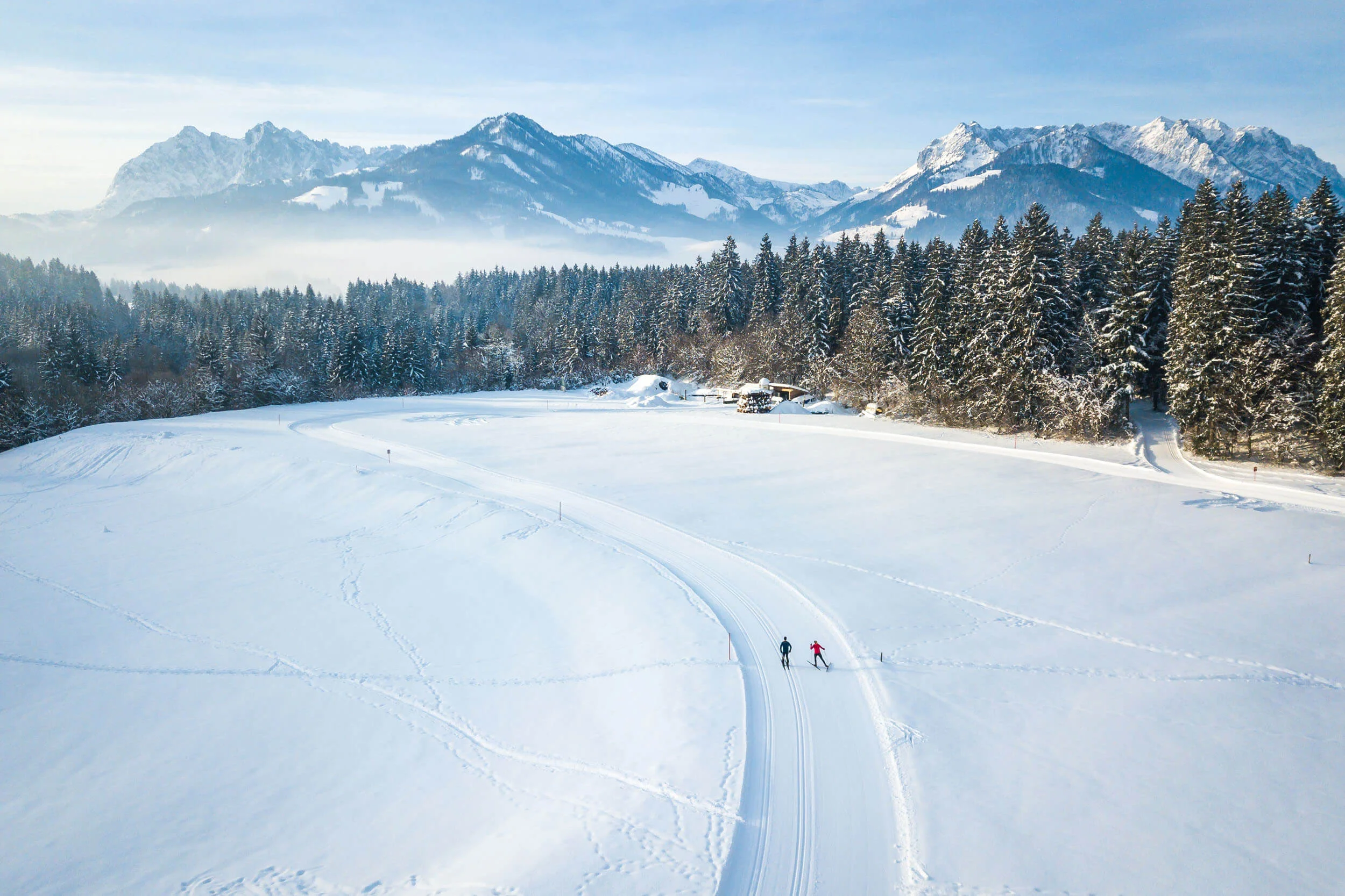 Zwei Skifahrer auf verschneiter Loipe vor verschneiten Bergen und Wald