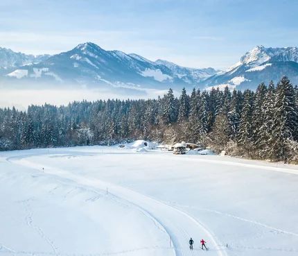 Two cross-country skiers on snowy trail with mountains and forest background